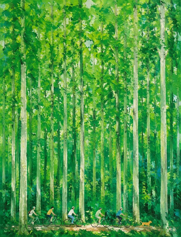 Vertical textured oil painting, dense tall metasequoia forest with pale white trunks, thick vertica… prompt example