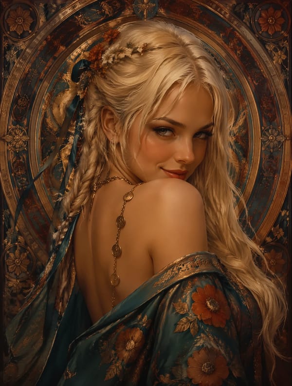 The visual style resembles a classical digital painting influenced by Art Nouveau and Byzantine ico… prompt example